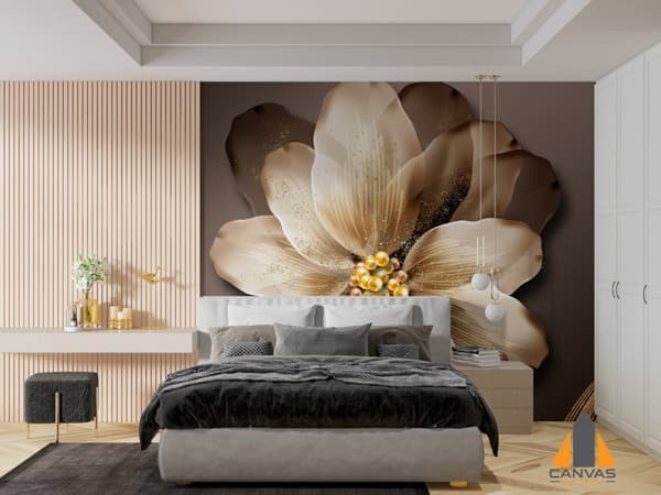 Bedroom with large golden flower wall mural, installed by one of the best wallpaper companies.