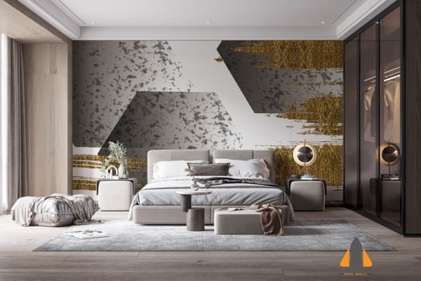 Gold and grey geometric wallpaper mural behind a bed in a modern bedroom, ideal for wallpaper installations in Gauteng.
