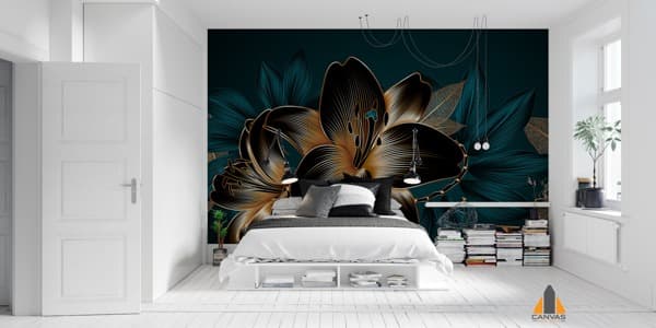 Bedroom with a dark floral wall mural featuring gold and black lilies, perfect for wallpaper installations.