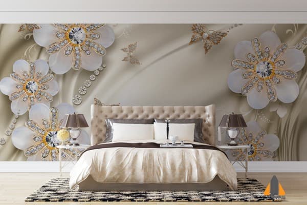 Shimmering 3D floral wall mural with butterflies in a bright, elegant bedroom.