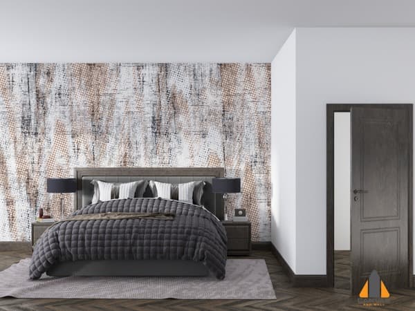 Textured wall mural in a modern bedroom, showcasing expert wallpaper installations in Gauteng.