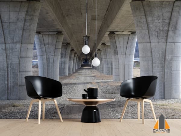 Under a bridge wall mural in a modern living room setting, ideal for wallpaper installations in Gauteng.