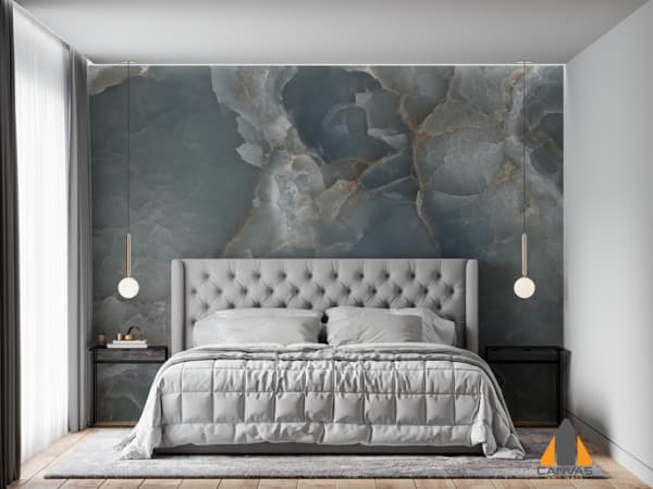 Blue translucent stone wall mural in a modern bedroom with a grey bed.