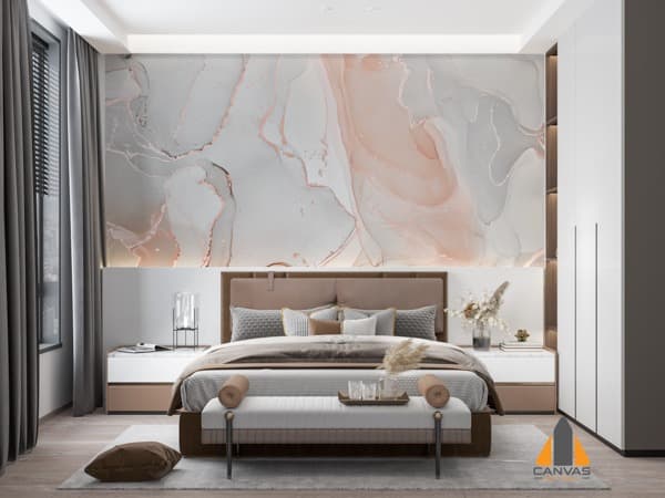 Abstract marble wall mural in a modern bedroom, showcasing expert wallpaper installations in Gauteng.