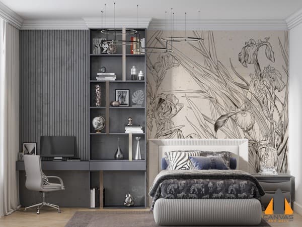 Bedroom with a large floral wall mural featuring iris flowers and built-in shelving, perfect for wallpaper installations in G