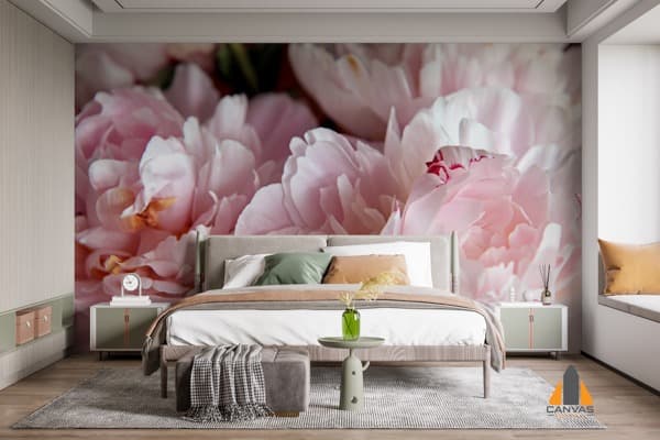 Pink peony wall mural in a modern bedroom, showcasing beautiful wallpaper installations in Gauteng.