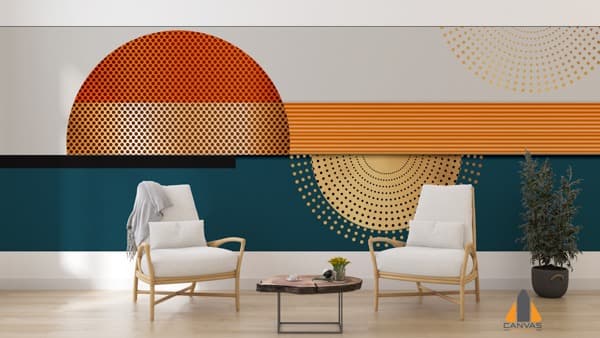 Sunrise geometric wall mural in a modern living room with two armchairs.