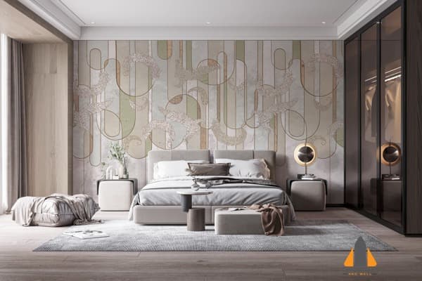 Geometric and botanical wallpaper in a modern bedroom, showcasing a stunning wallpaper installation.