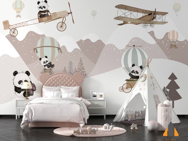 Playful panda and airplane wall mural in a child's bedroom, perfect for wallpaper installations in Gauteng.