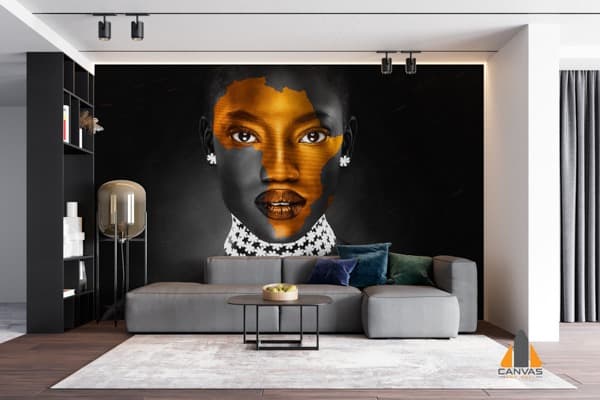 Afrocentric woman wall mural in a modern living room, perfect for wallpaper installations in Gauteng.