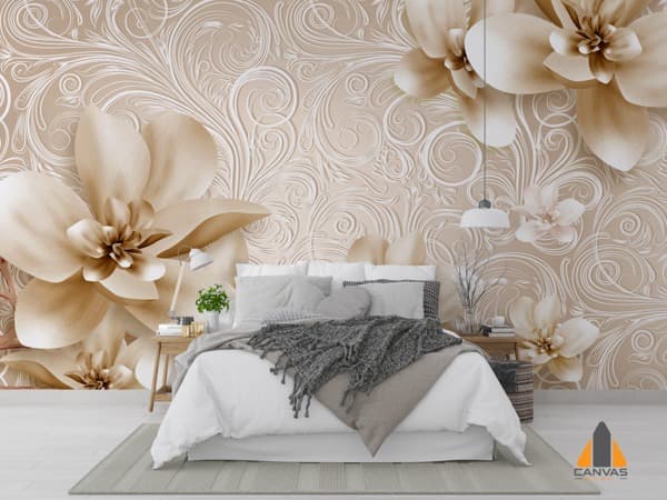 Bedroom with large gold floral and scroll 3D effect wall mural design, ideal for wallpaper installations in Gauteng.