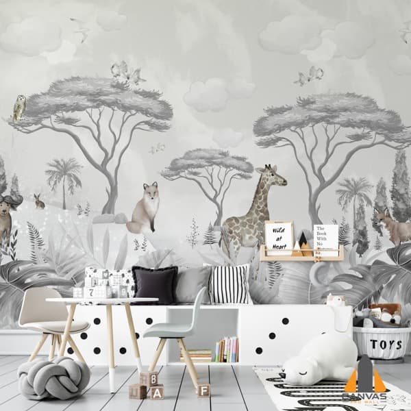 Monochromatic safari wall mural in a child's nursery, featuring animals and trees.