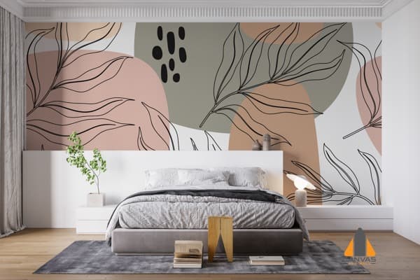 Botanical leaf pattern wall mural in a modern bedroom, available for wallpaper installations in Gauteng.