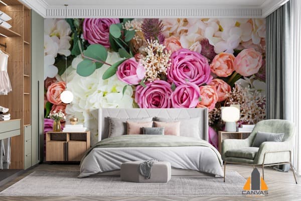 Floral wall mural in a modern bedroom, perfect for wallpaper installations in Gauteng.