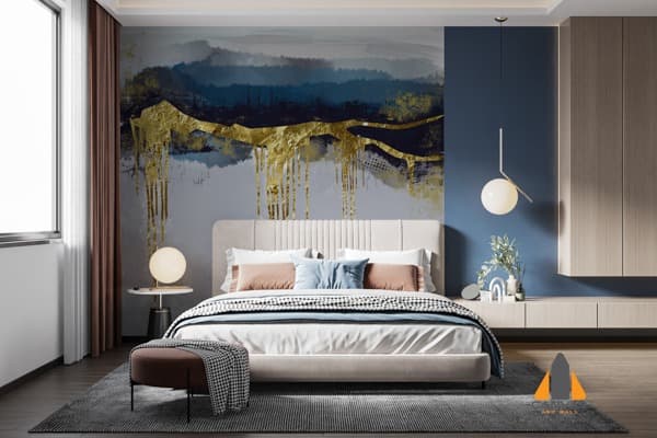 Abstract gold and blue wall mural in a modern bedroom, showcasing expert wallpaper installations Johannesburg