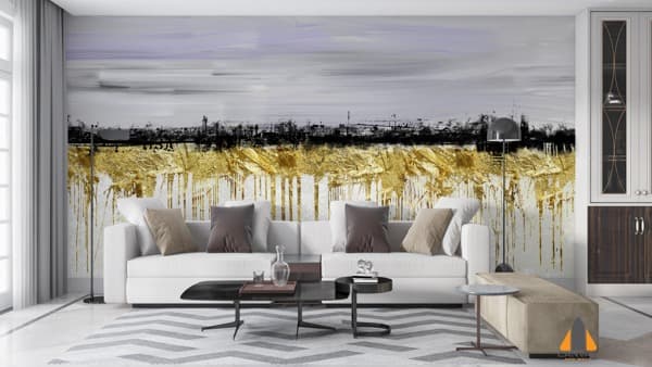 Abstract gold and black wallpaper mural in a modern living room setting, ideal for wallpaper installations in Gauteng.