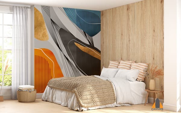 Modern abstract wall mural in a bedroom with wood paneling, showcasing our quality wallpaper installations in Gauteng.