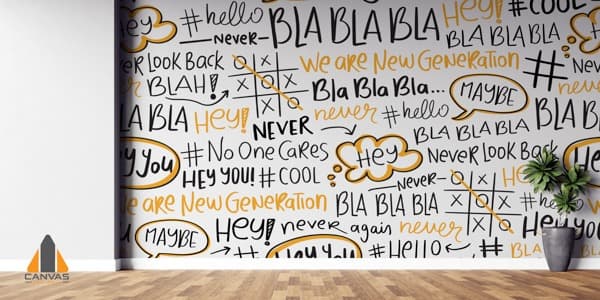 Playful 'Bla Bla Bla' typography wall mural in a modern room, perfect for wallpaper installations in Gauteng.