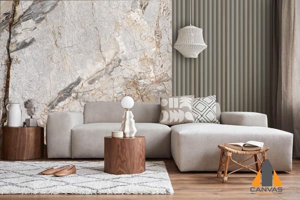 Marble-look wall mural in a modern living room, perfect for wallpaper installations in Gauteng.