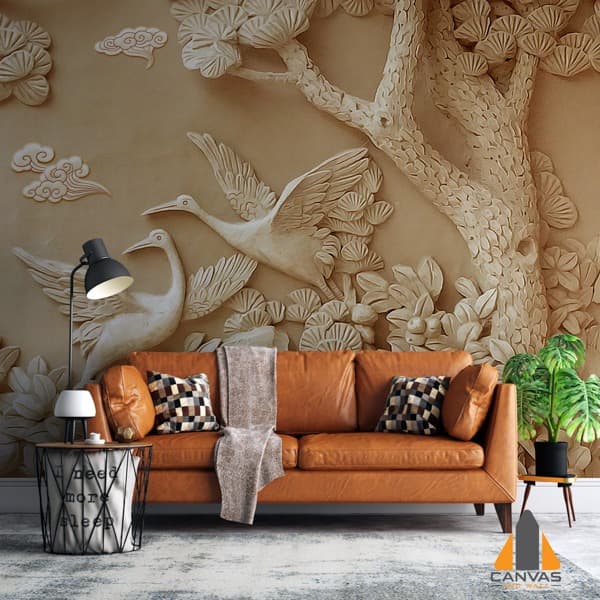 Asian-inspired crane and tree custom wallpaper in a modern living room with a brown leather couch