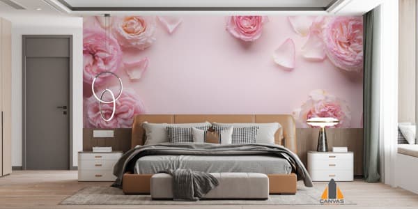 Pink rose wall mural in a modern bedroom, with expert wallpaper installations in Gauteng.