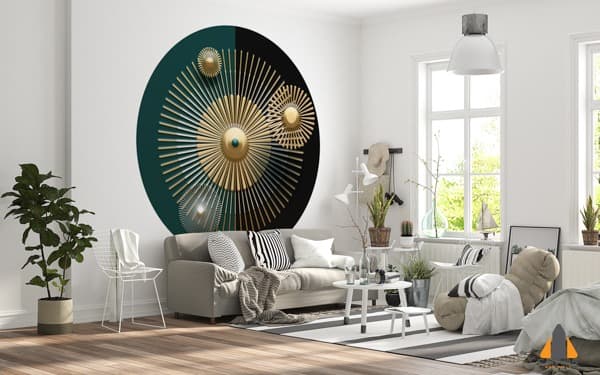 Circular gold and teal abstract wall mural in a modern living room design.