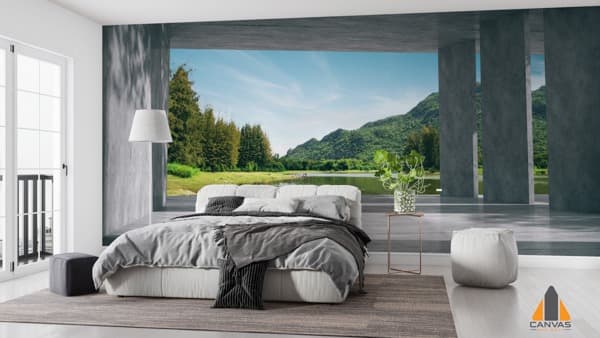 Bedroom with a serene lake and mountain wall mural for a calming retreat, offered with wallpaper installations in Gauteng.
