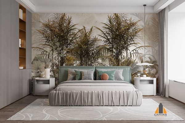 Bedroom with a lush, tropical wall mural behind the bed, showcasing a beautiful wallpaper design.