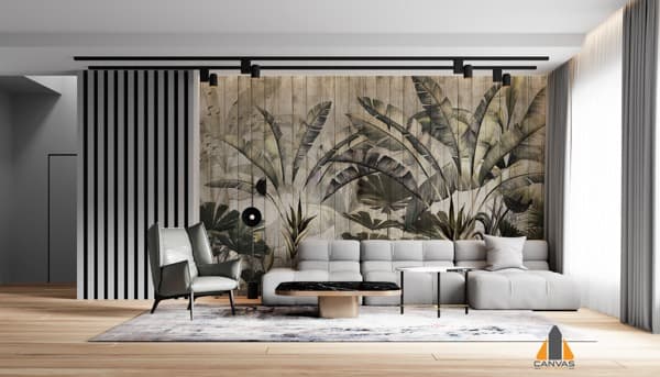 Modern living room with a vintage-look tropical forest wall mural, perfect for wallpaper installations in Gauteng