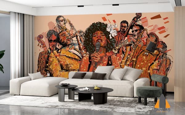 Jazz band wall mural in a modern living room, expertly installed in Gauteng.