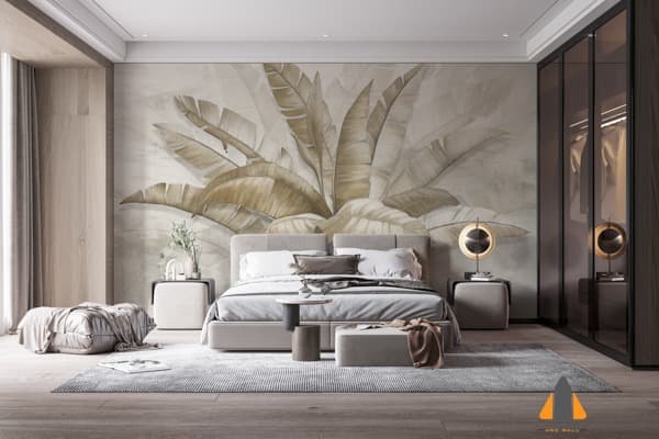 Bedroom featuring a large tropical leaf wall mural above the bed, with light wood and grey furnishings.