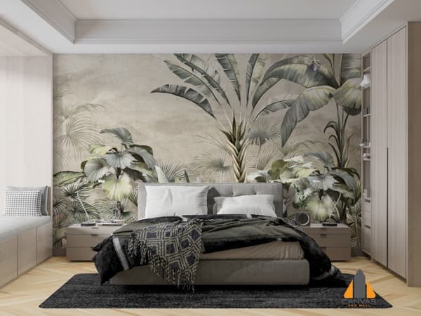 Bedroom featuring a tropical foliage wall mural behind the bed for a sophisticated look.