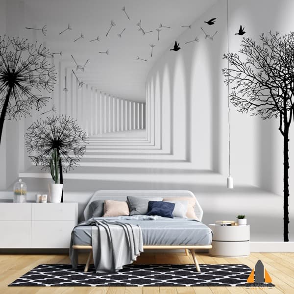 Monochromatic dandelion and tree wall mural in a modern bedroom with a 3D hallway effect