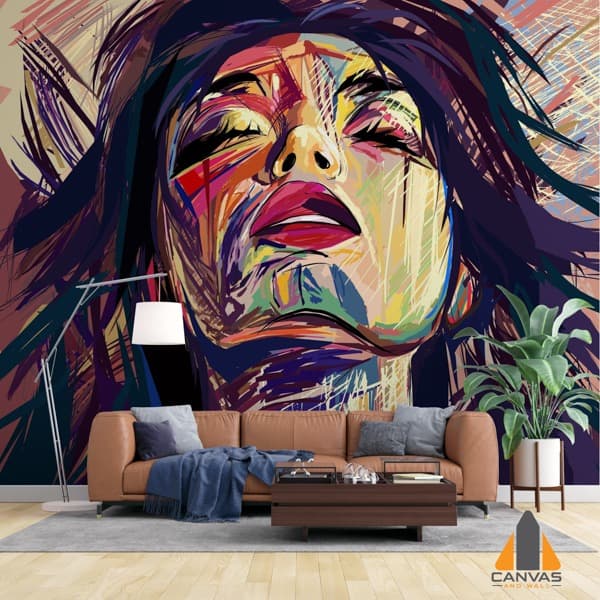 Vibrant abstract face wall mural in a modern living room, perfect for wallpaper installations in Gauteng.
