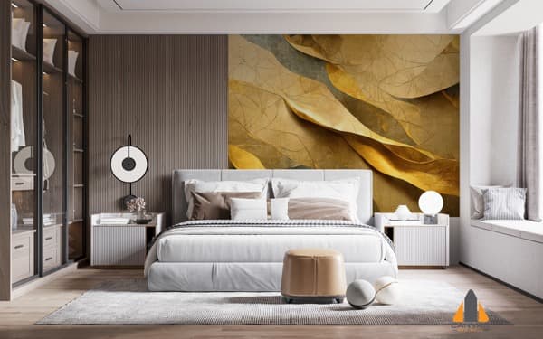 Bedroom with a gold abstract leaf wallpaper installation, offering wallpaper installations in Gauteng.