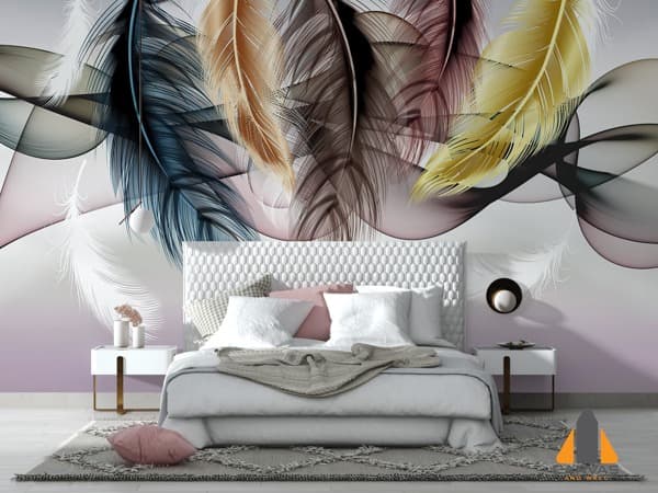 A bedroom with a feather-themed wall mural in soft, flowing colors. A beautiful custom wallpaper.
