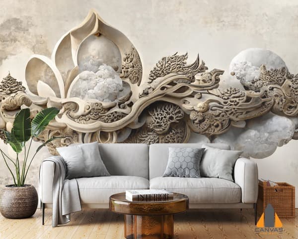Intricate stone carving wall mural in a modern living room setting, ideal for wallpaper installations in Gauteng.