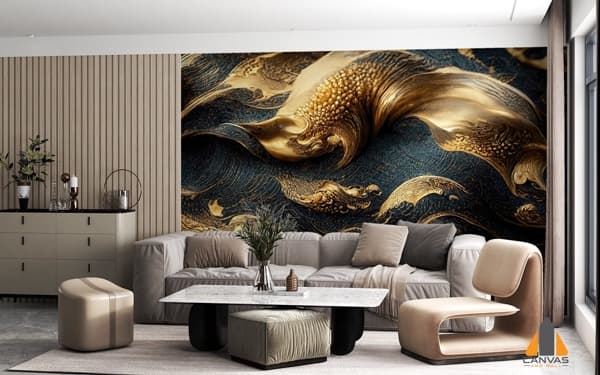 Opulent gold and navy abstract wall mural in a modern living room, expertly installed in Gauteng.
