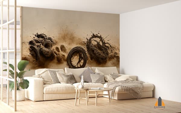 Dramatic sand explosion wall mural in a modern living room, perfect for wallpaper installations in Gauteng.