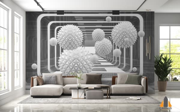 Modern minimalist living room featuring a geometric 3D spheres custom wallpaper installation.
