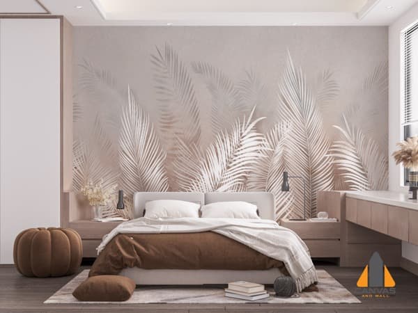 Bedroom with a elegant palm frond wall mural. Enjoy expert wallpaper installations in Gauteng.