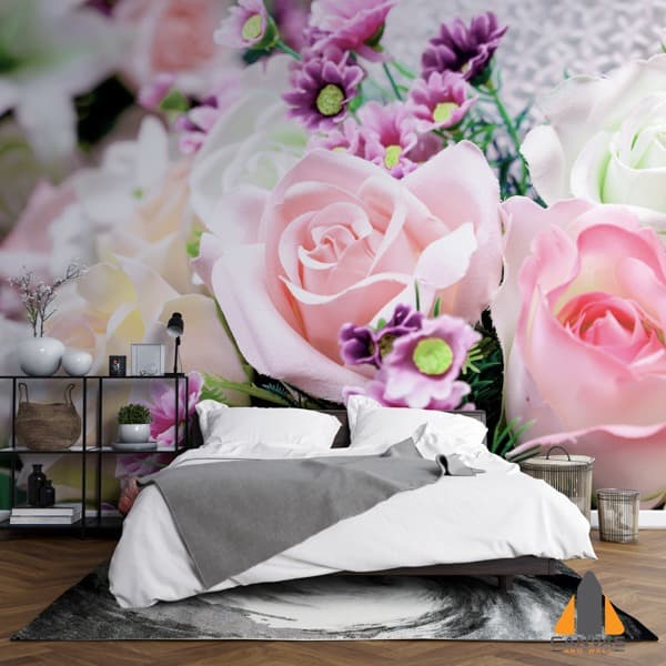 Large floral wall mural with pink roses in a modern bedroom, ideal for wallpaper installations in Gauteng.