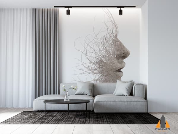 Abstract face wall mural in a modern living room, expertly installed by our team in Gauteng.