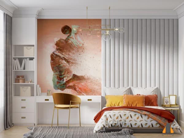 Basketball player wall mural in a modern bedroom with white furniture, ideal for wallpaper installations in Gauteng.