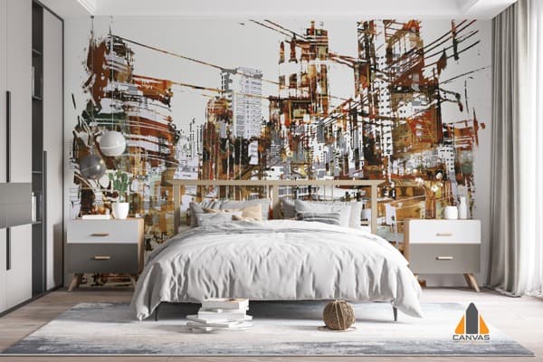 Modern cityscape wall mural in a bedroom, highlighting our wallpaper installations in Gauteng.