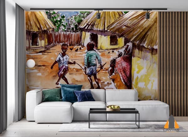 African village scene wall mural in a modern living room, perfect for wallpaper installations Johannesburg.