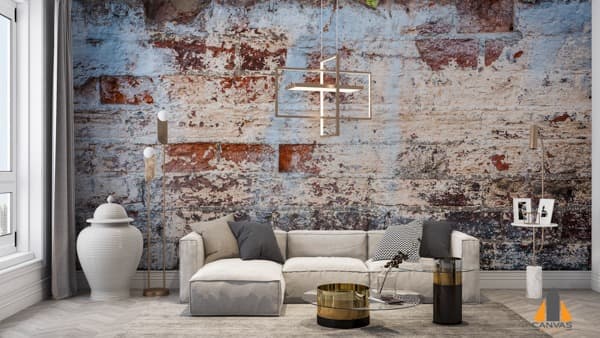 Distressed brick wall mural in a modern living room, expertly installed by our team in Gauteng.