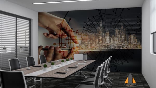 Digital cityscape wall mural in a modern office boardroom expertly installed by our team in Gauteng.