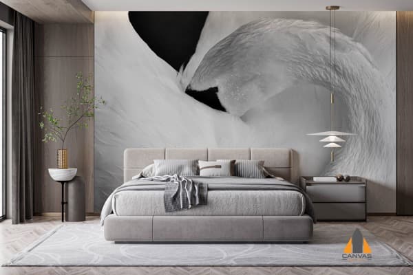 Monochrome swan wall mural in a modern bedroom, perfect for wallpaper installations in Gauteng.