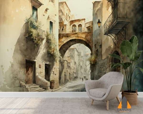 Vintage watercolor street scene wall mural in a modern living room featuring wallpaper installation in Gauteng.